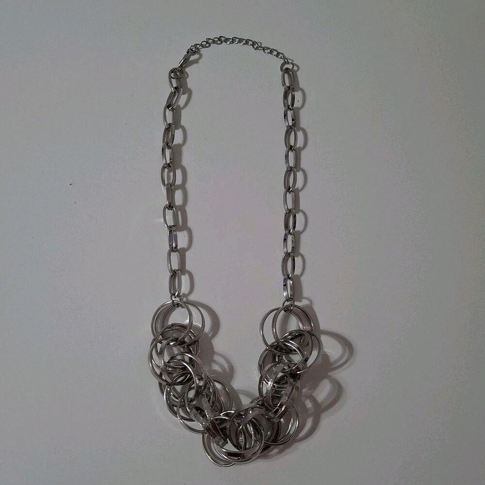 Silver Tone Cluster Hoop Link Ringlet Rings Chain Bib Statement Necklace